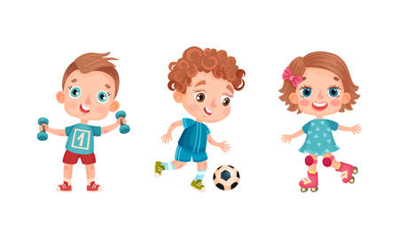 Set of kids doing sport. Happy little children exercising with dumbbells, playing soccer and rollerblading cartoon vector illustrationのイラスト素材