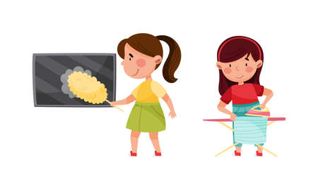 Girls ironing clothes and cleaning TV screen using feather duster. Kids helping parents with housework, household chores cartoon vector illustrationのイラスト素材