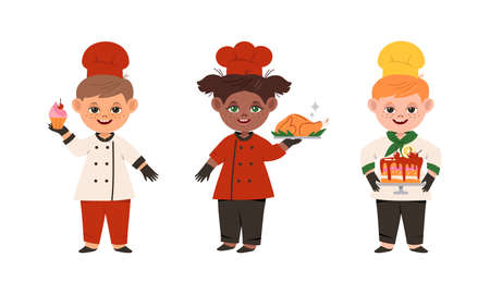 Children cook chefs in uniform set. Cheerful kids cooking tasty dishes cartoon vector illustrationのイラスト素材
