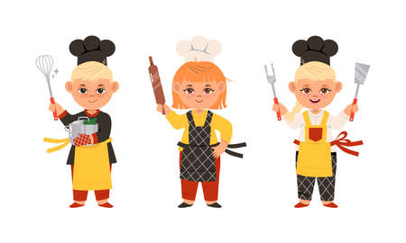 Children cook chefs in uniform with kitchen tools set cartoon vector illustrationのイラスト素材