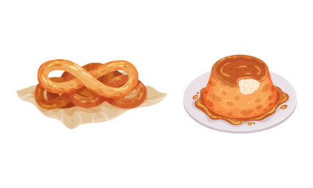 Freshly baked pastries on plates set vector illustration on white backgroundのイラスト素材