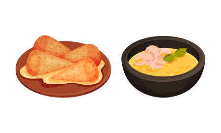 Traditional nutritious tasty hot dishes served on plates set vector illustrationのイラスト素材