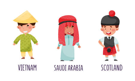 Cute kids in national costumes of different countries set. Children in traditional clothing of Vietnam, Saudi Arabia, Scotland cartoon vector illustrationのイラスト素材