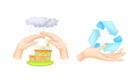 Human hands protecting house and holding recycle sign. Environmental protection and ecology concept vector illustrationのイラスト素材