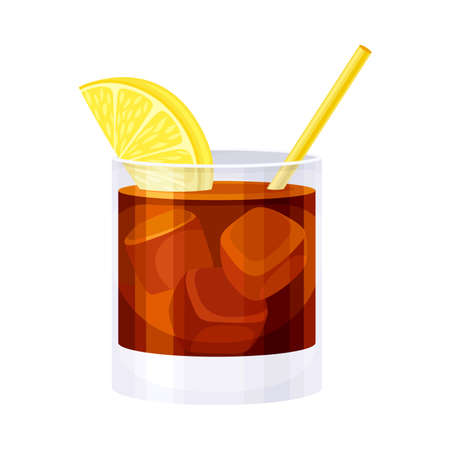 Glass of Long Island cocktail with straw. Cold alcoholic beverage vector illustrationのイラスト素材