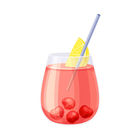 Glass of red cocktail with cherry and slice of lemon. Cold alcoholic beverage vector illustrationのイラスト素材