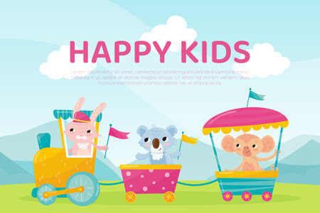 Happy kids web banner with cute animals riding the train vector illustrationのイラスト素材