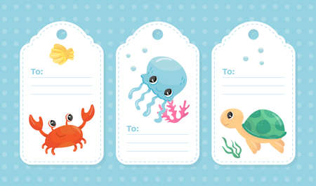 Gift box tags with cute sea animals set. Sale shopping label templates vector illustrationのイラスト素材