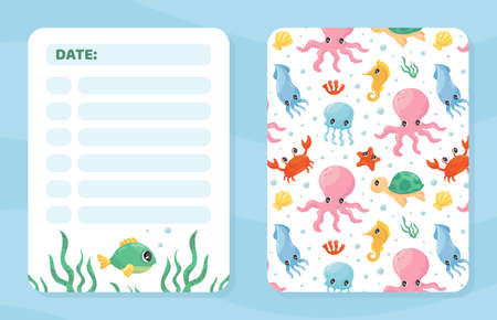Diary sheet with lines and cute sea creatures. Booklet, planner, notepad, diary template design vector illustrationのイラスト素材