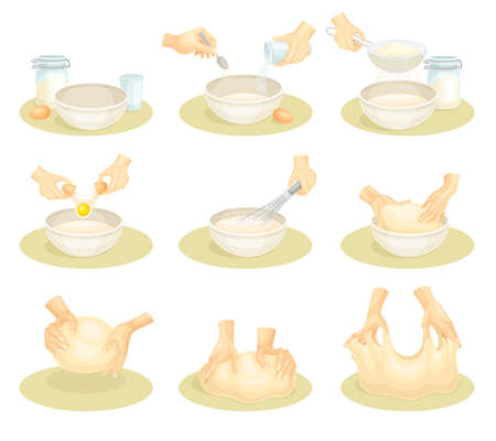 Human hands kneading dough. Bakery process, kneading pastry for cookies, bread, pizza vector illustrationのイラスト素材