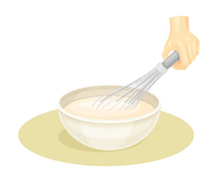 Preparing dough in bowl. Kneading pastry for cookies, cake, pizza or bread vector illustrationのイラスト素材