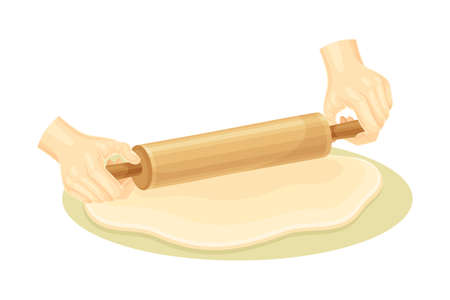 Hand rolling dough with a rolling pin. Bakery process, kneading pastry for cookies or pizza vector illustrationのイラスト素材