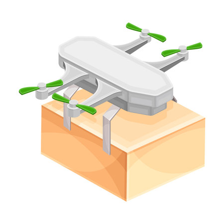 Quadcopter carrying parcel box to customer. Modern express delivery air service vector illustrationのイラスト素材