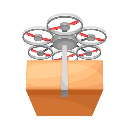 Drone carrying parcel box to destination point. Modern express delivery air service vector illustrationのイラスト素材