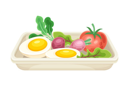 Boiled egg with radish and tomato. Tasty food dish for breakfast vector illustrationのイラスト素材