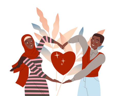 Loving couple making heart shape with their hands. Happy people in romantic relationships vector illustrationのイラスト素材