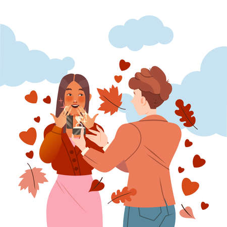 Young man proposing marriage giving engagement ring to girl. Happy people in romantic relationships vector illustrationのイラスト素材