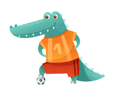 Crocodile wild animal playing soccer. Cute football mascot in sports uniform cartoon vector illustrationのイラスト素材