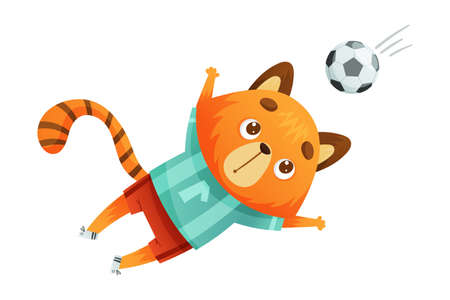 Cat animal playing soccer. Cute football mascot in sports uniform cartoon vector illustrationのイラスト素材