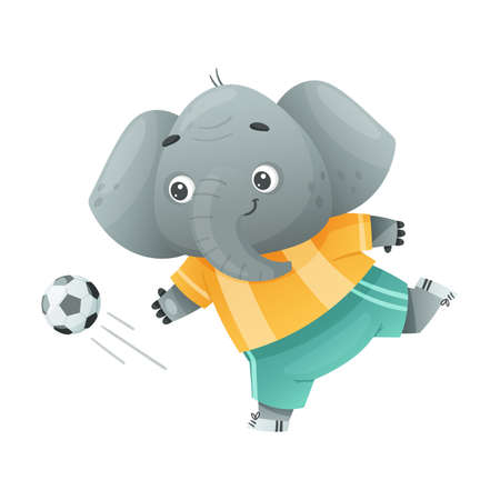 Elephant wild African animal playing soccer. Cute football mascot in sports uniform cartoon vector illustrationのイラスト素材
