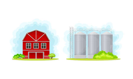Rural farm buildings set. Red barn and silo tower vector illustrationのイラスト素材