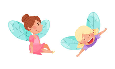 Adorable fairy girls set. Happy winged girls, fairy tales creatures cartoon vector illustrationのイラスト素材