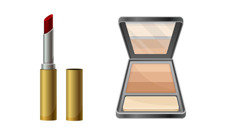 Makeup cosmetics for face set. Makeup contouring palette, face foundation and lipstick vector illustrationのイラスト素材