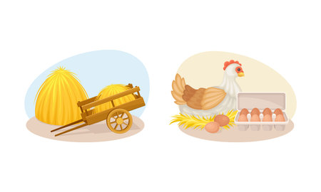 Agriculture industry and farm objects set. Hay cart, nestling hen and box of fresh eggs cartoon vector illustrationのイラスト素材