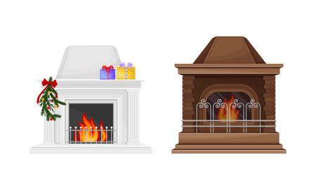 Fireplace with burning fire set. Winter holidays decoration vector illustrationのイラスト素材