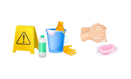 Disinfection and hygiene set. Antiseptic and antibacterial products. Washing hands with soap vector illustrationのイラスト素材