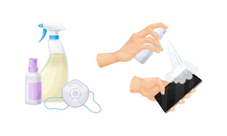 Disinfection and hygiene set. Mobile phone treatment with disinfectant spray. Sanitizer bottles vector illustrationのイラスト素材