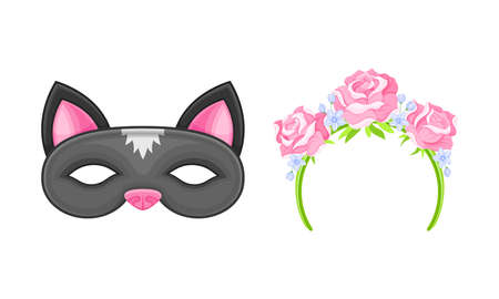 Carnival or party face mask and headband set. Mask of black cat and rim decorated with flowers cartoon vector illustrationのイラスト素材