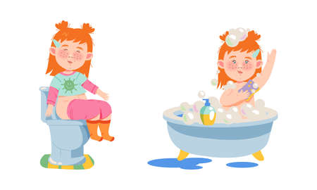 Girls taking bath and sitting on toilet set. Kids daily routine cartoon vector illustrationのイラスト素材