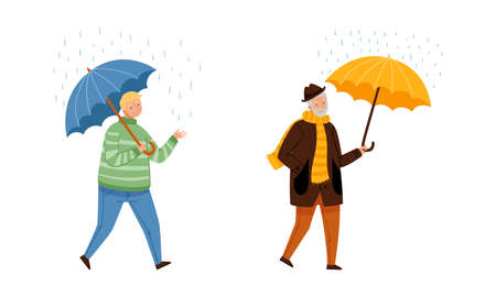 Men walking with umbrellas set. People in casual autumn outfit holding umbrella on rainy day cartoon vector illustrationのイラスト素材