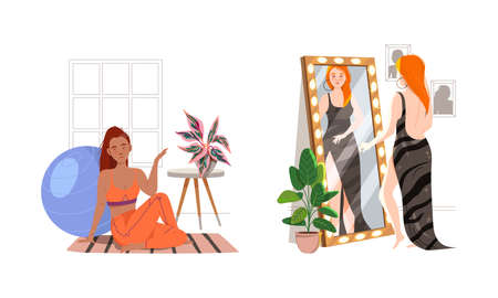 People staying or spending weekend at home set. Girls doing fitness exercise and putting on elegant dress vector illustrationのイラスト素材