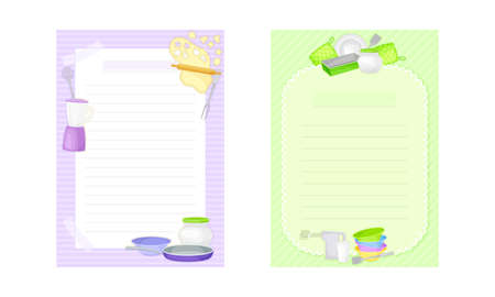 Pages with lines for recipe entries. Recipe book page templates with kitchen utensils set vector illustrationのイラスト素材