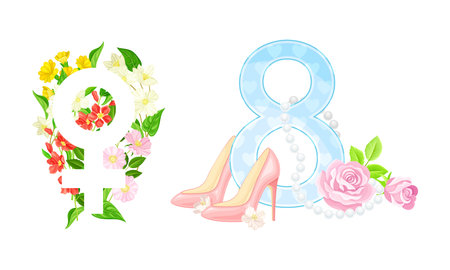 8 March International Womens Day cards design set. Number 8 with bouquet of spring flowers, high heel shoe and gender female sign vector illustrationのイラスト素材