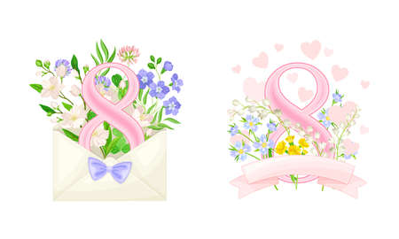 8 March International Womens Day cards design set. Pink number 8 with wild spring flowers vector illustrationのイラスト素材