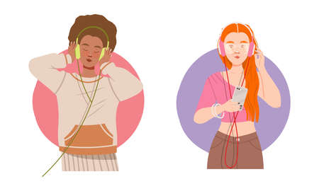 Girls listening to music set. Teenagers wearing headphones enjoying of listening music on smartphone vector illustrationのイラスト素材