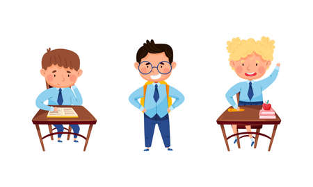 Back to school. Cute elementary school students in uniform set. Cheerful pupils characters cartoon vector illustrationのイラスト素材