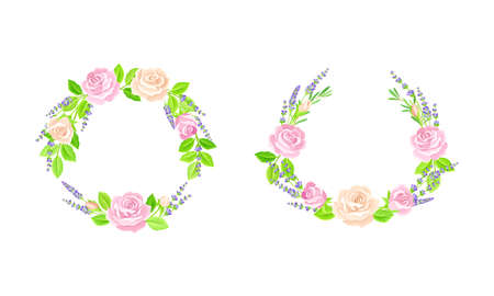 Floral wreath with rose and lavender flowers set. Wedding, birthday, valentines day decor element, greeting card design vector illustrationのイラスト素材