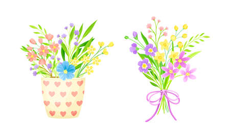 Bouquets of summer or spring flowers set vector illustrationのイラスト素材