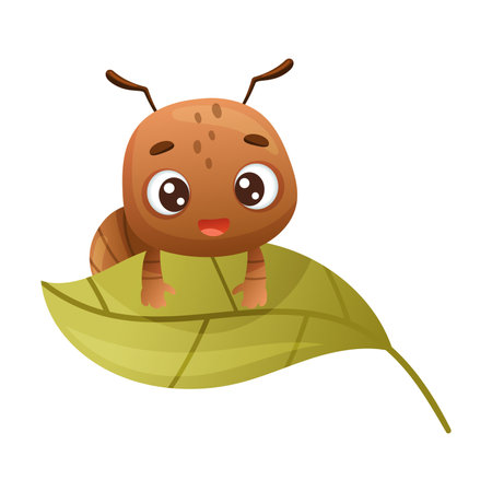 Cute brown little ant sitting on leaf. Funny insect cartoon character vector illustrationのイラスト素材