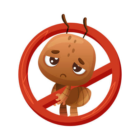 No ants prohibition sign with cute sad ant. Funny insect cartoon character vector illustrationのイラスト素材