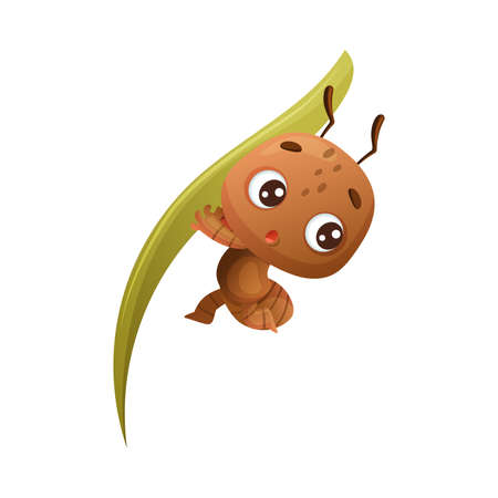 Cute brown little ant hanging on blade of grass. Funny insect cartoon character vector illustrationのイラスト素材