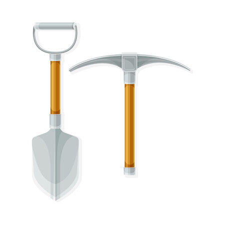 Archaeological excavation tools. Shovel and pickaxe vector illustrationのイラスト素材