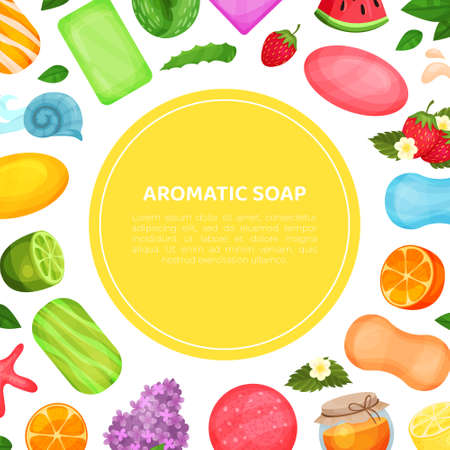 Aromatic soap banner template with handmade colorful organic soaps seamless pattern vector illustrationのイラスト素材
