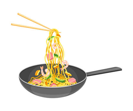 Traditional Asian noodles with shrimp and vegetables in frying pan with chopsticks vector illustrationのイラスト素材