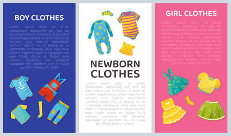 Newborn clothes card templates set. Baby boy and girl fashion vector illustrationのイラスト素材