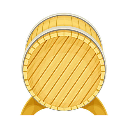 Wooden barrel for wine or beer on stand. Front view of oak cask for storing alcoholic beverages vector illustrationのイラスト素材